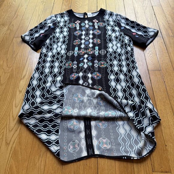 Peter Pilotto Size 8 Black Geometric Silk Short Sleeve Mini Shift Dress - Picture 3 of 16